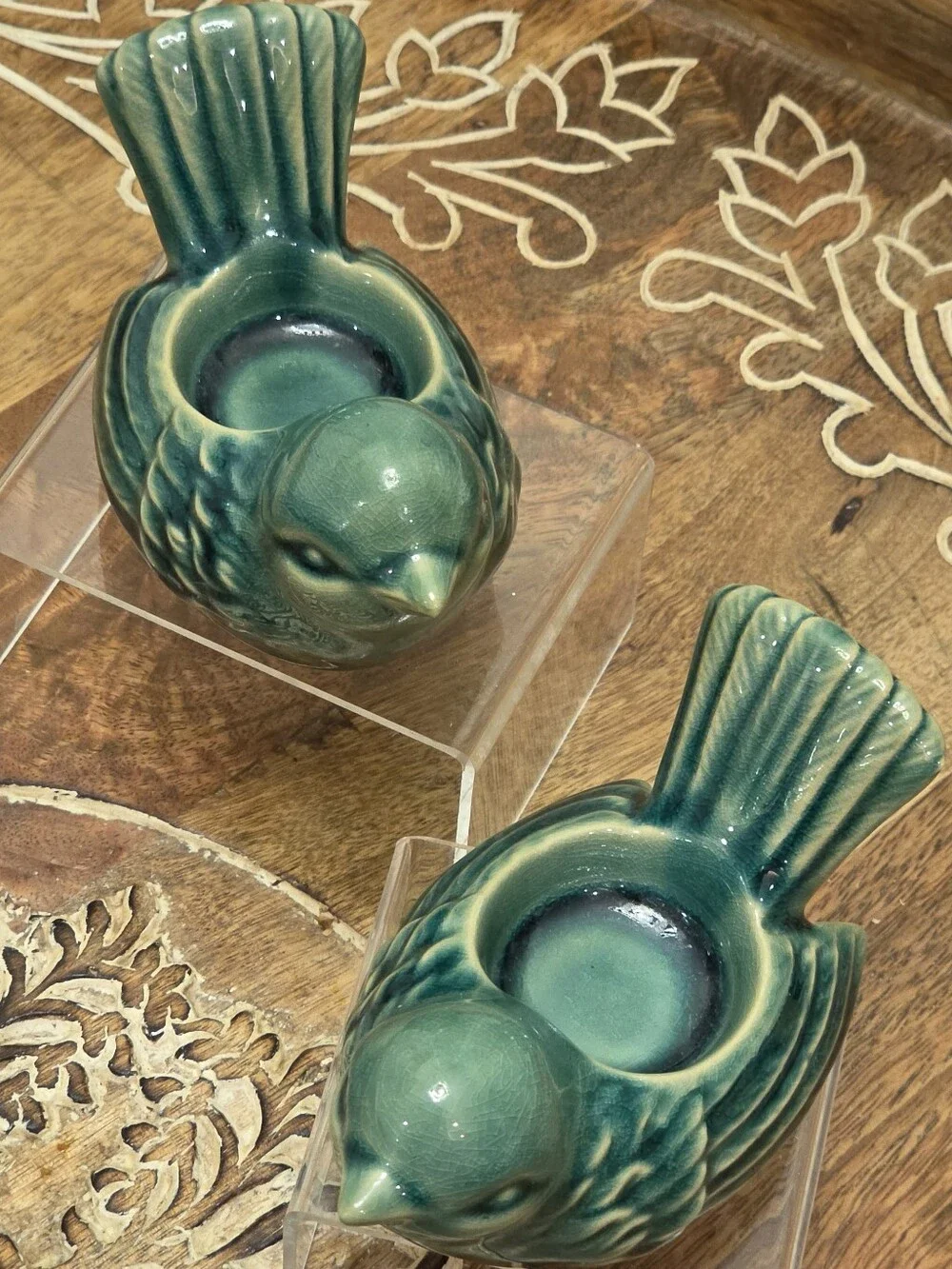 Vintage Turquoise Ceramic Bird Candle Holders Planters Pair